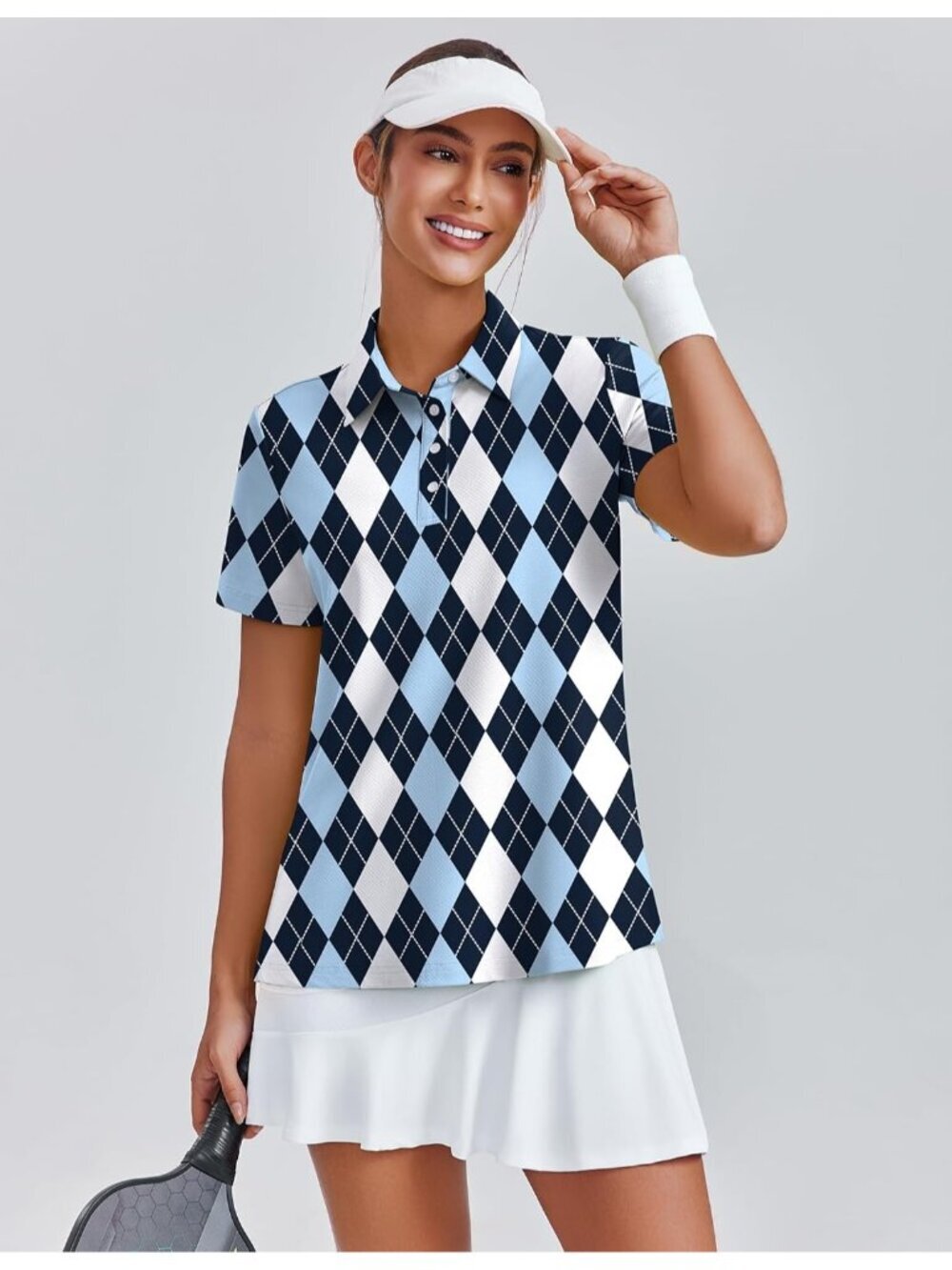 Women Black Blue Plaid 4 Button Golf Polo UPF50+ Quick Dry Tennis Tops Relax Fit - Picture 3 of 6